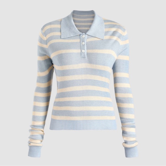 Cider Sweaters - Cider Blue Cream Stripe Collar Long Sleeve Sweater Top
